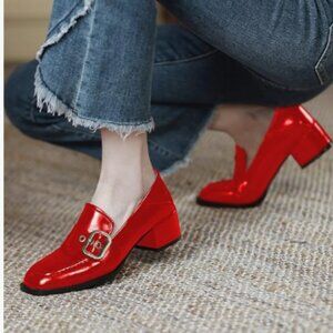 YDN Red Square Toe Heeled Loafers Slip on Block Low Heel Pumps Buckle Shoes